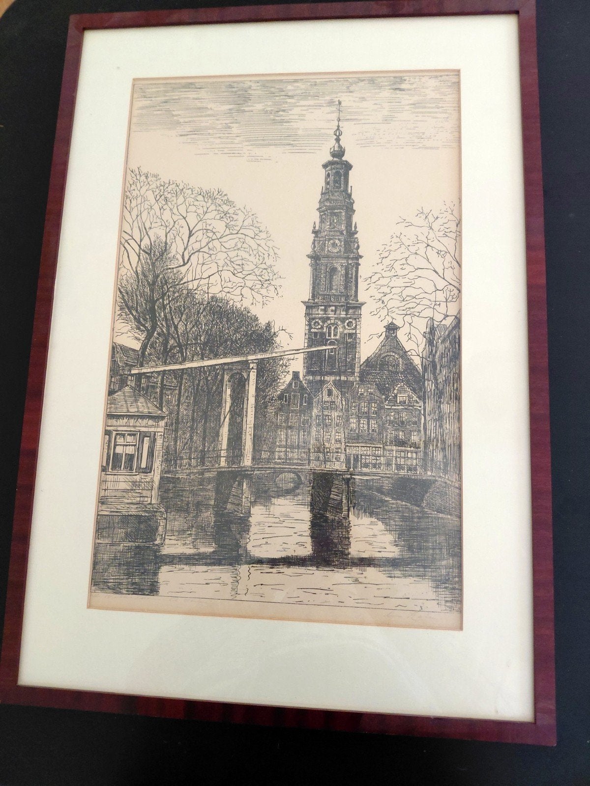 Oude ets van Amsterdam met Westertoren en gracht, Ingelijst, Ets, Stadsgezicht, Ophalen of Verzenden