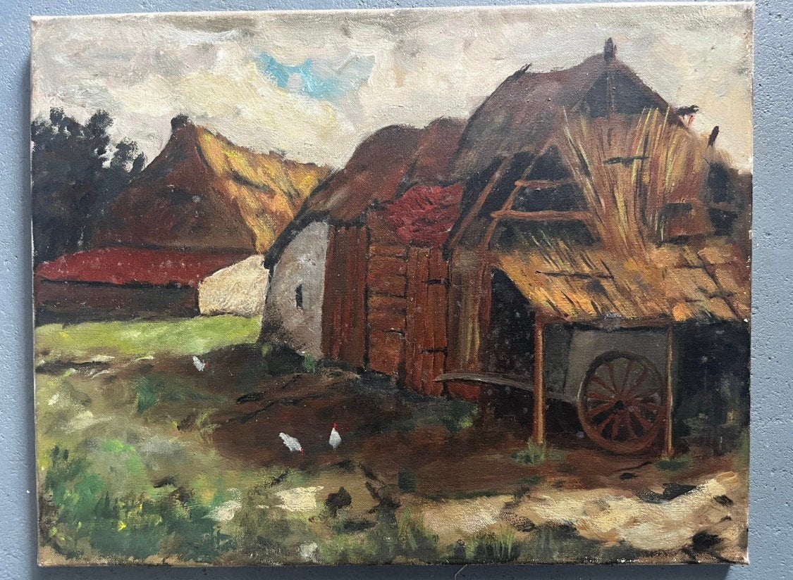 oud antiek schilderij op doek boerenerf kippen gesigneerd?, Ophalen
