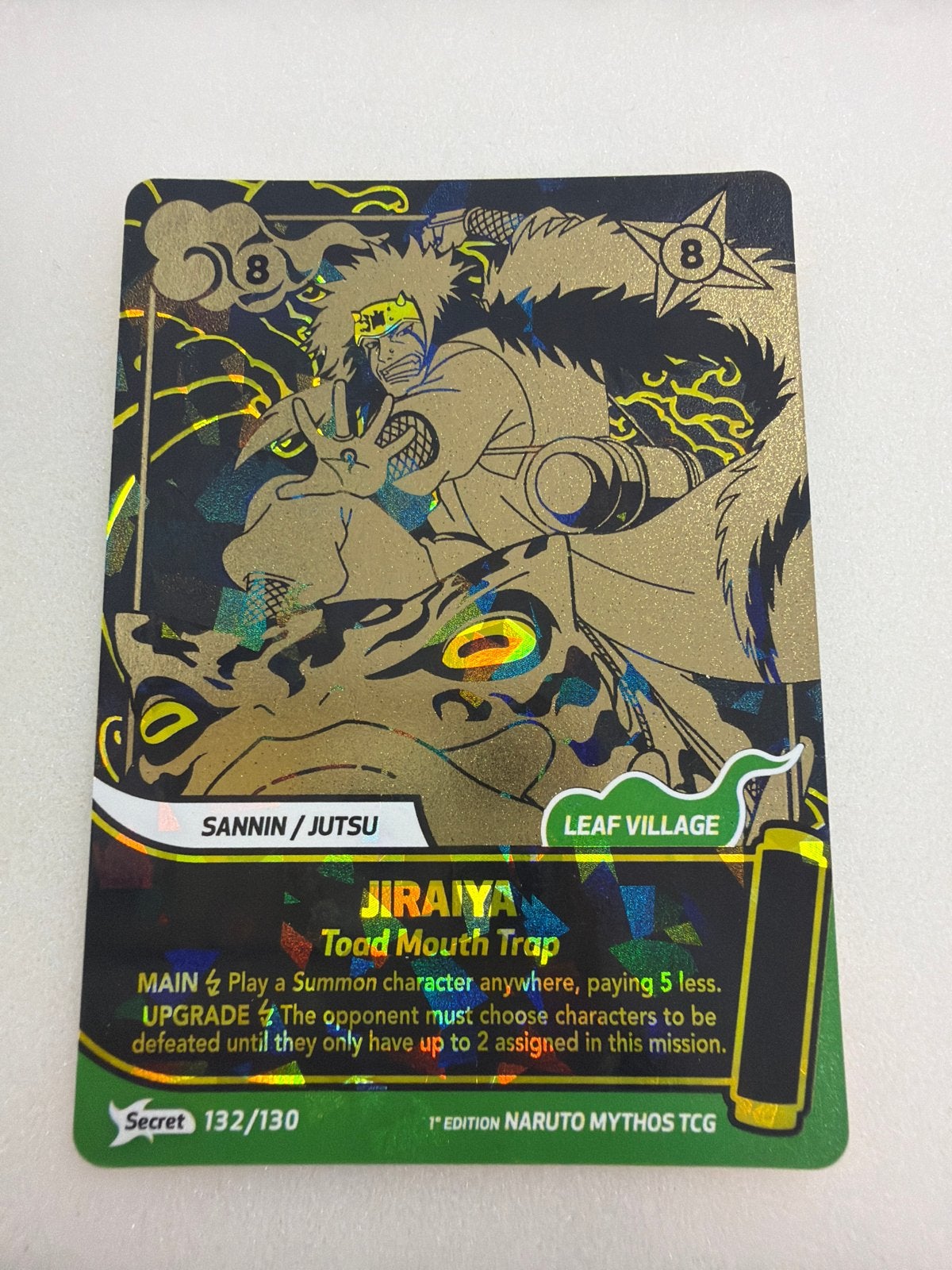 Naruto Mythos TCG Jiraiya Toad Mouth Trap Secret 132/130 Foi, Ophalen of Verzenden, Zo goed als nieuw, Losse kaart, Foil