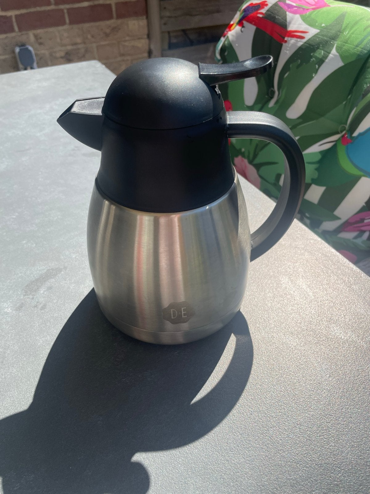Douwe Egberts RVS thermoskan met schenkfunctie - 1 liter, Gebruikt, Zilver, Ophalen of Verzenden, Metaal