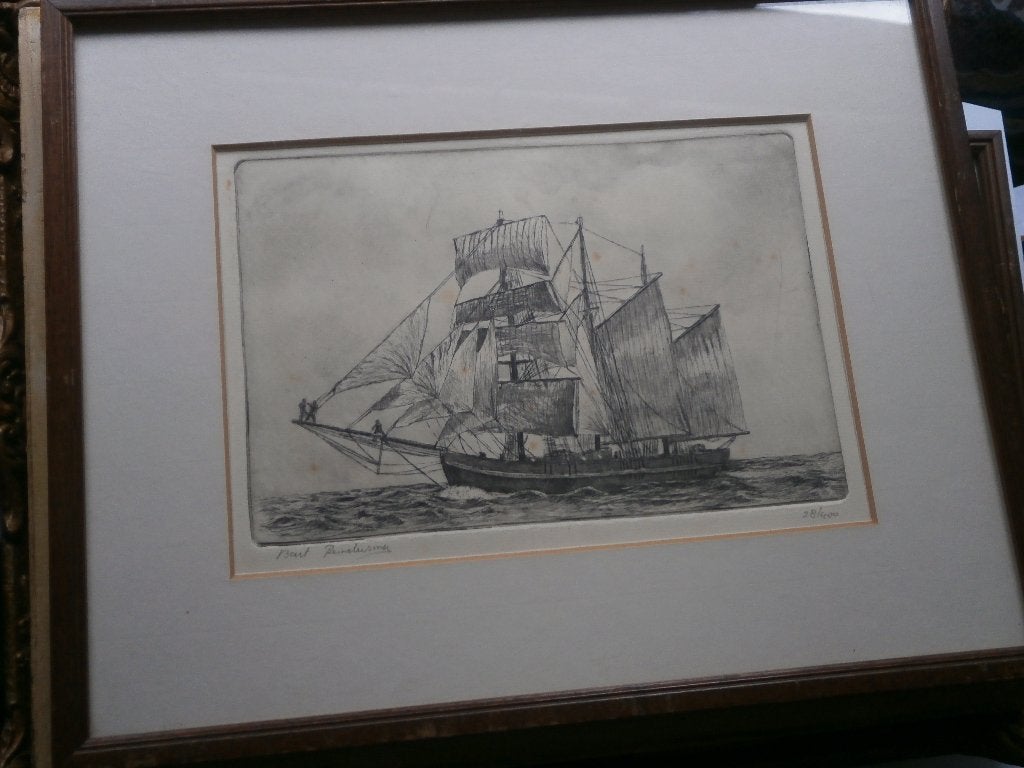 Bart Reindertsma , mooie ets van een Zeilschip, Ophalen, Ets
