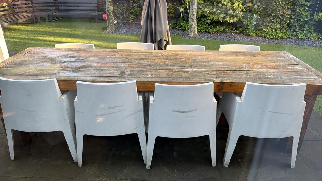 Gratis! Robuuste houten tuintafel met stoelen - 300x100 cm, Ophalen, Gebruikt, Rechthoekig, Hout