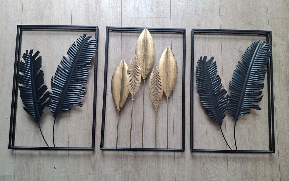 Set van 3 metalen wanddecoraties met bladeren, Metaal, Meerkleurig, Ophalen of Verzenden, Zo goed als nieuw