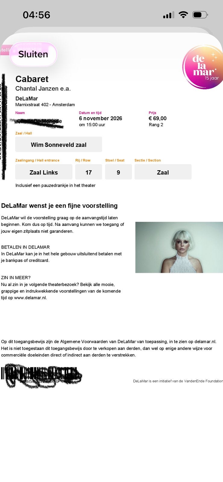 DeLaMar Chantal Janzen 6-11-2026, Tickets en Kaartjes, Eén persoon, November