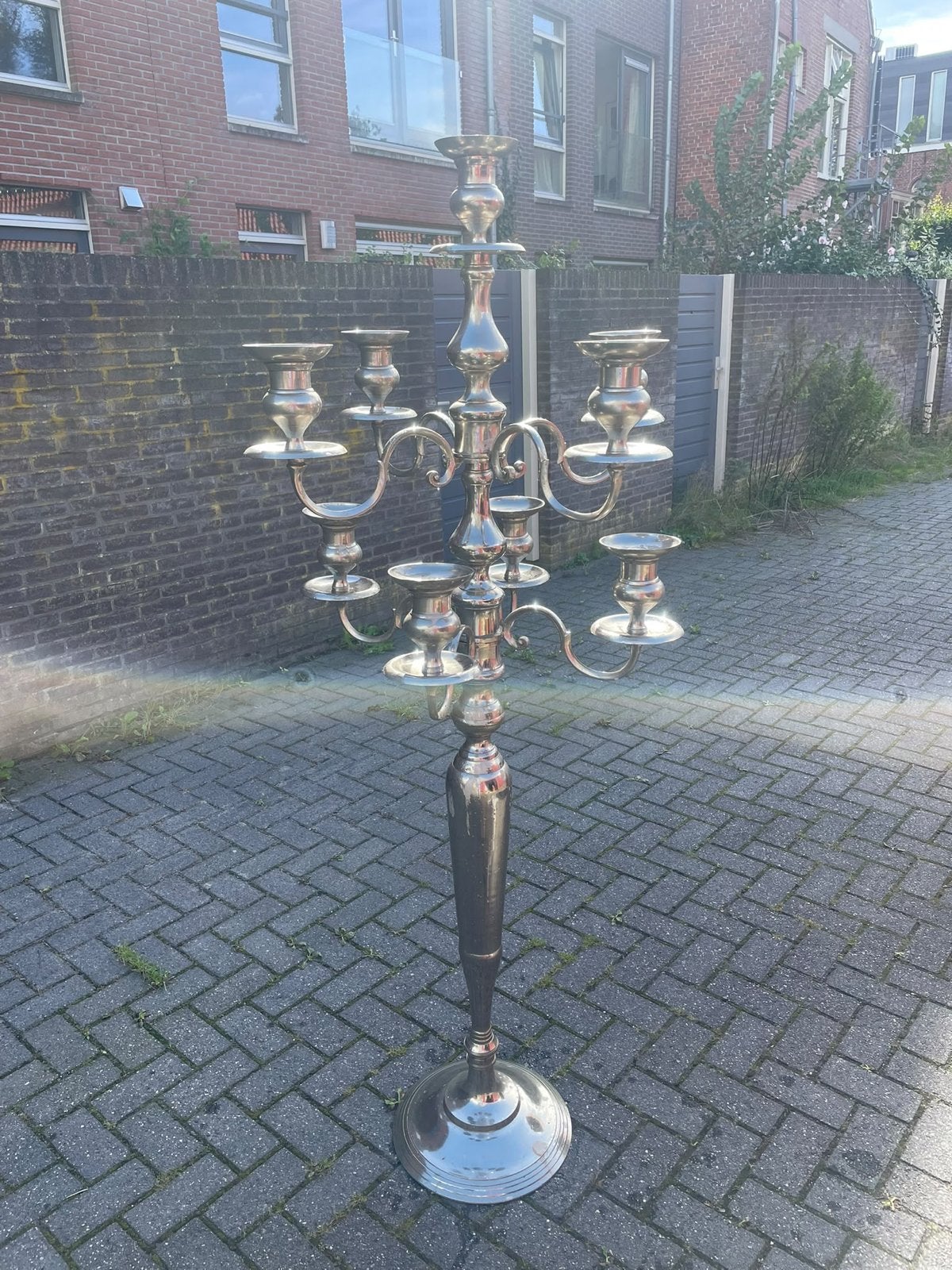 Grote zilverkleurige kandelaar met 9 armen, Antiek en Kunst, Ophalen, Overige materialen