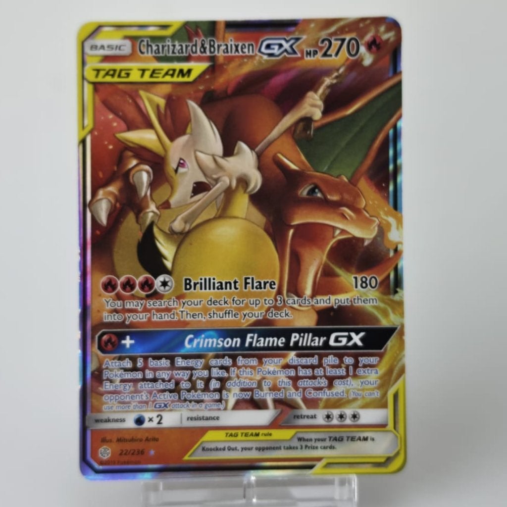 TCG Charizard & Braixen GX (CEC 22) M/NM in Toploader, Zo goed als nieuw