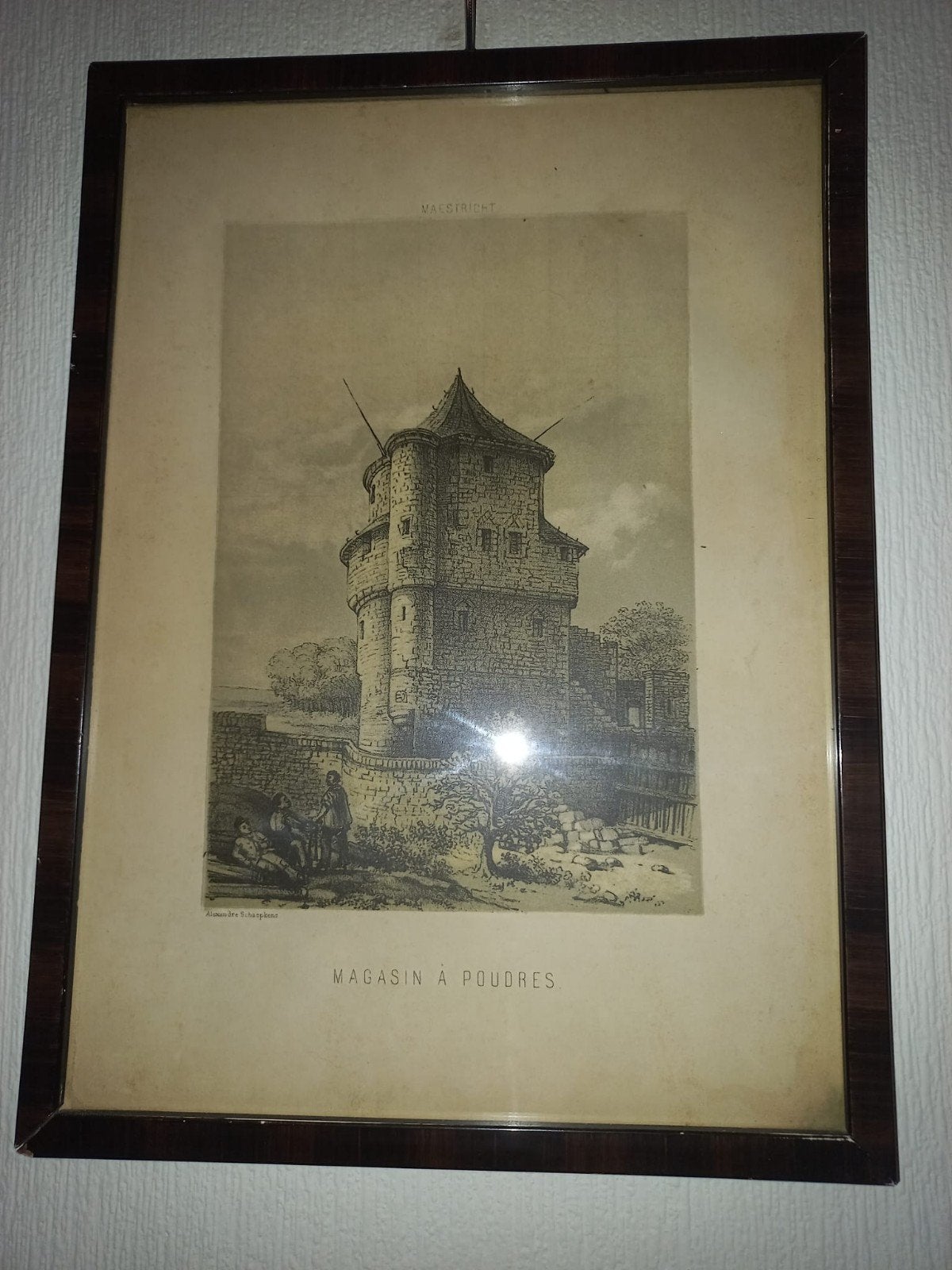 Antieke Gravure Maastricht: Magasin à Poudres, Antiek en Kunst, Ophalen, Ingelijst, 1800 - 1899, Stadsgezicht
