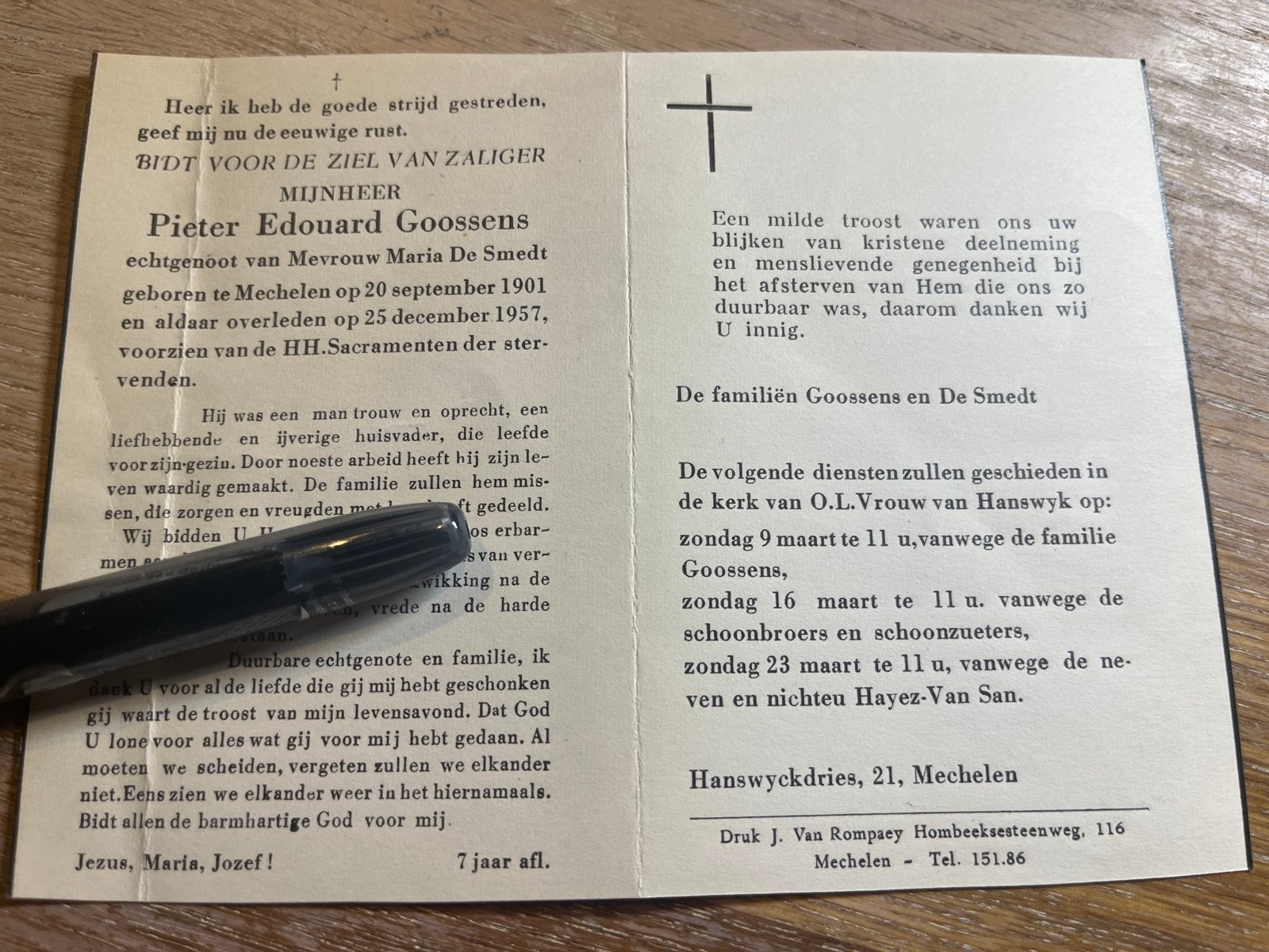 Goossens Pieter 1901 Mechelen 1957 x de Smedt - 31649-, Verzamelen, Ophalen of Verzenden, Bidprentje