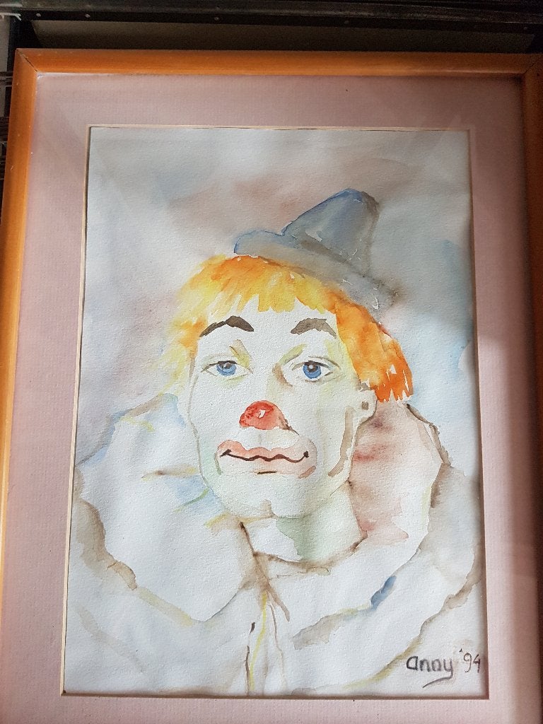 Circus Aquarel Schilderij Clown Portret Gesigneerd Anny '94, Aquarel, Papier/karton, Ophalen of Verzenden, Gesigneerd
