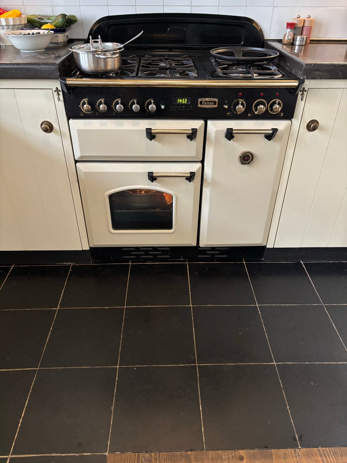 Falcon gasfornuis met elektrische ovens en bordenwarmer, Ophalen, Gebruikt, 60 cm of meer, Gas