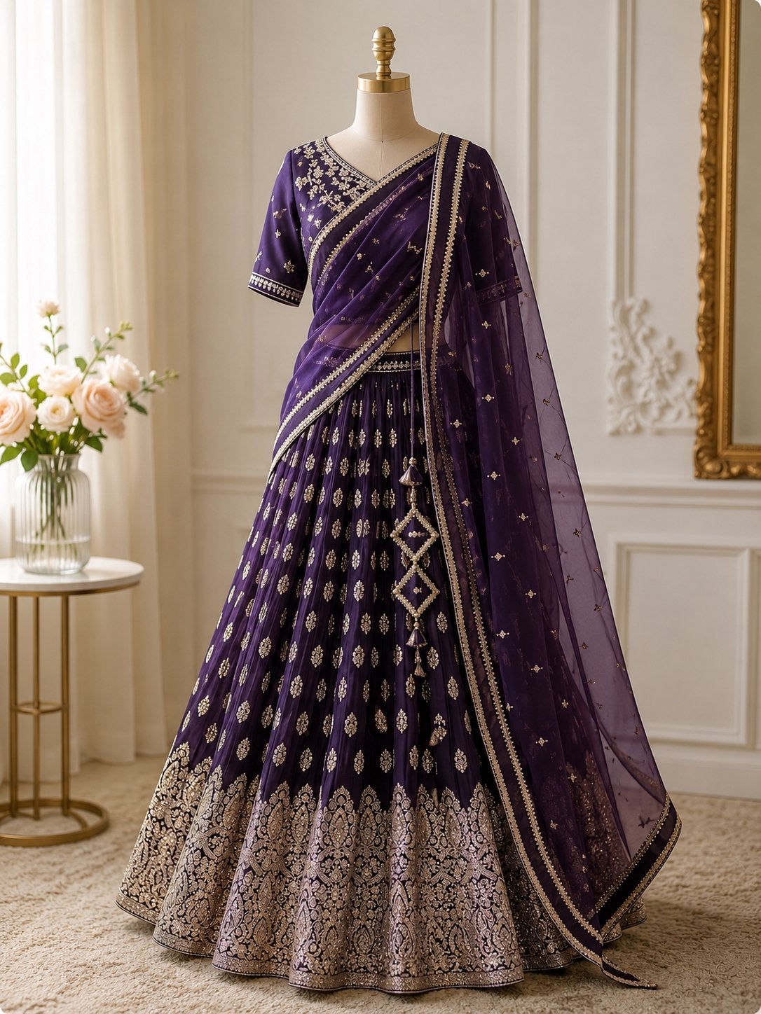 Prachtige paarse Indiase Lehenga Choli met borduurwerk, Galajurk, Paars, Ophalen of Verzenden, Zo goed als nieuw