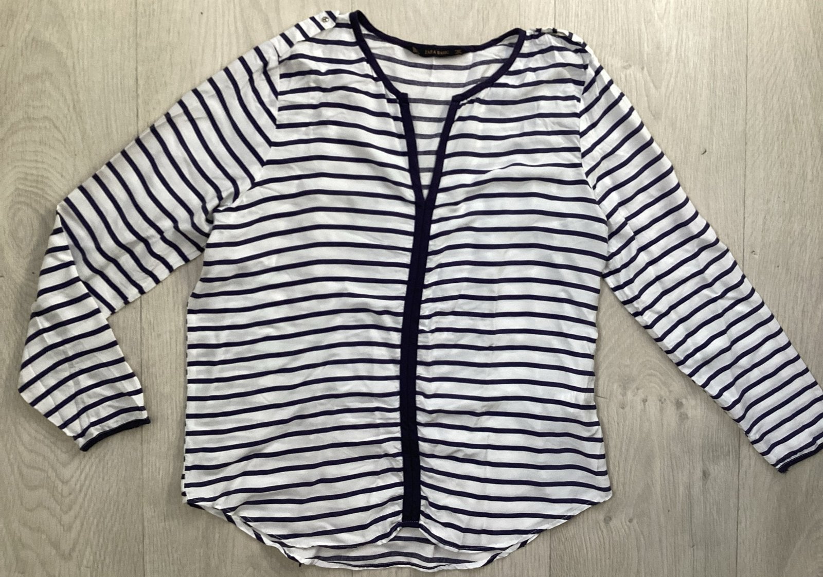 Zara Basic blouse maat L wit donker blauw, Wit, Maat 42/44 (L), Ophalen of Verzenden, Zo goed als nieuw