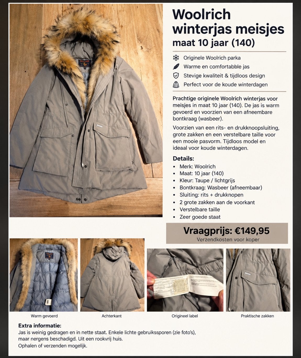 Originele Woolrich winterjas meisje 140 / 10 jaar, Kinderen en Baby's, Ophalen of Verzenden, Zo goed als nieuw