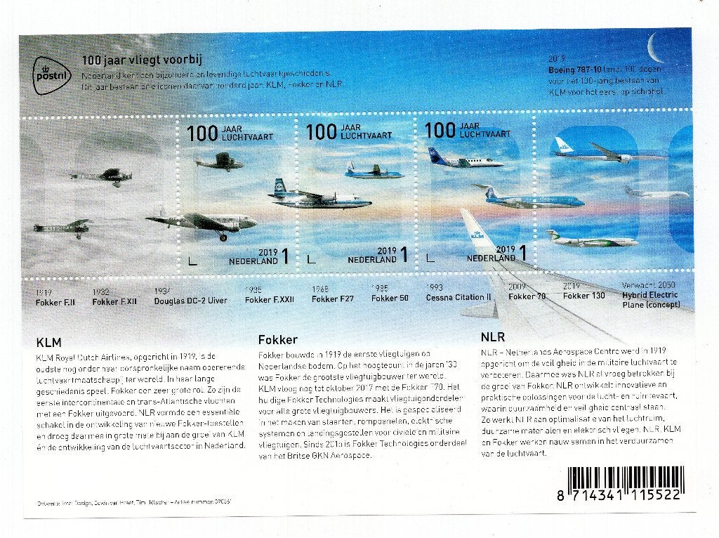 Velletje 100 Jaar Luchtvaart 2019, NVPH 3736, Postzegels en Munten, Postzegels | Nederland, Ophalen of Verzenden, Na 1940, Postfris