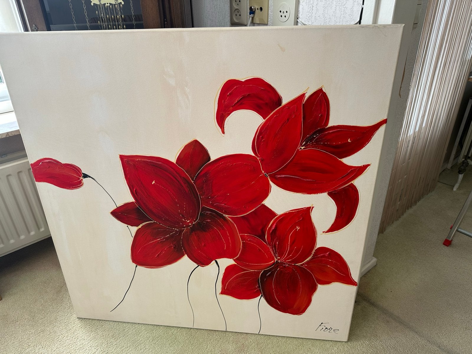 Modern schilderij met rode bloemen, gesigneerd 'Fiore', Ophalen, Bloemen, Textiel, Gesigneerd