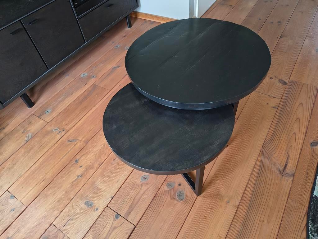 Set van 2 zwarte ronde salontafels., Huis en Inrichting, Tafels | Salontafels, Gebruikt, 50 tot 100 cm, Modern, Industrieel, Rond