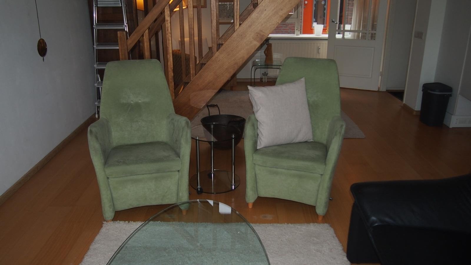 2 groene fauteuils, Huis en Inrichting, Fauteuils, Ophalen, Gebruikt, Minder dan 75 cm, Stof