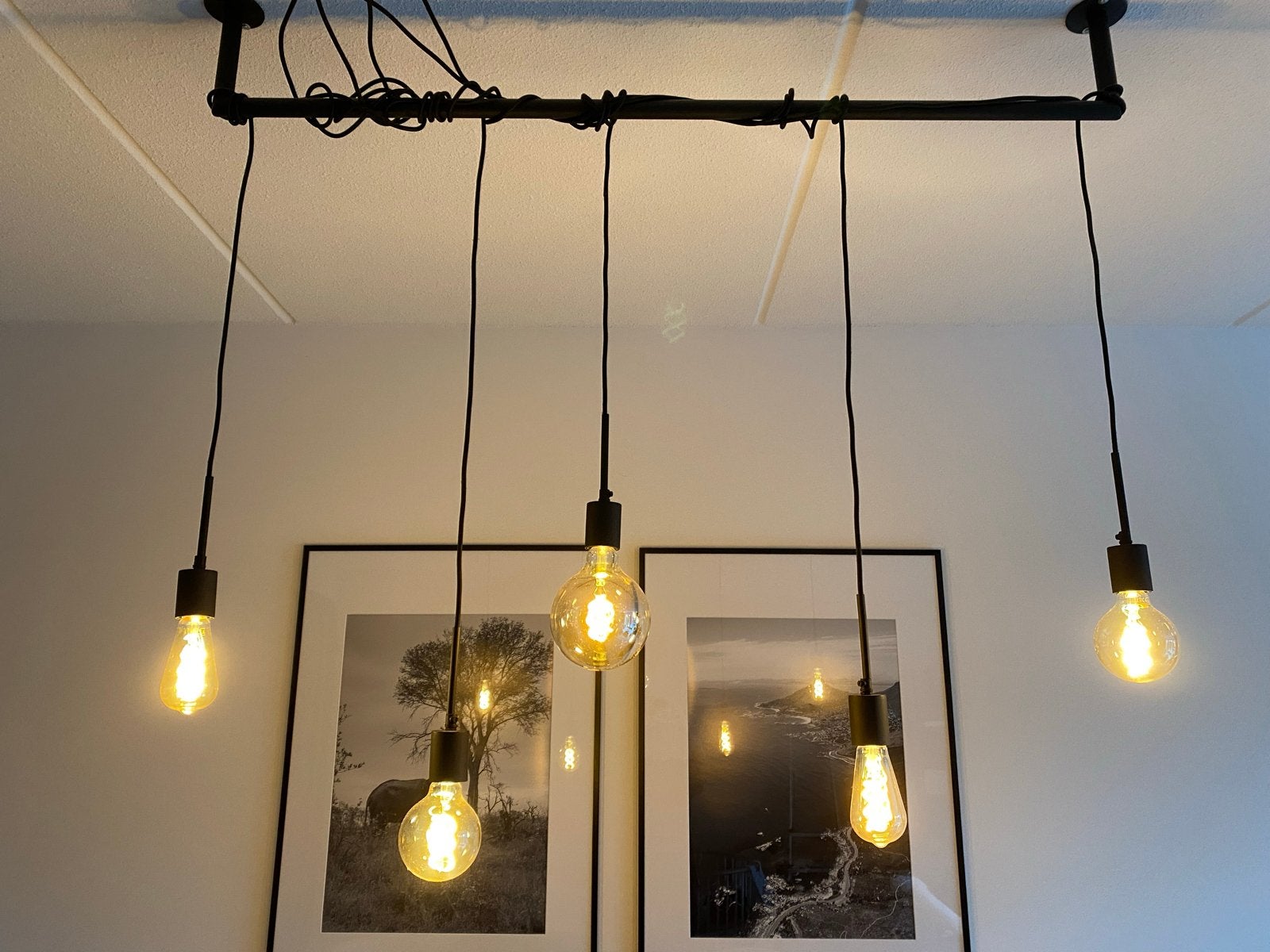 Zwarte hanglamp met 5 lichtpunten, Ophalen, Zo goed als nieuw, Metaal, E27 (groot)