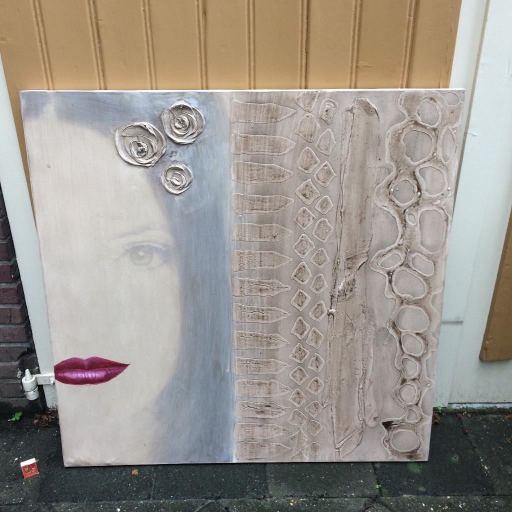 vrouw rode lippen kus zoen modern groot vierkant schilderij, Ophalen of Verzenden, Zo goed als nieuw