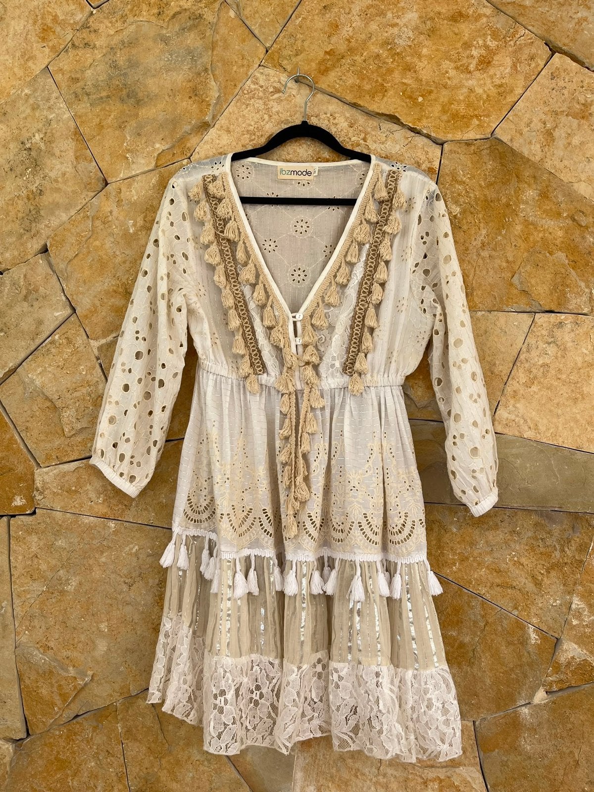 Boho jurkje M wit met beige Ibiza Mode nieuw ongedragen, Ophalen of Verzenden, Nieuw, Wit, Boven de knie