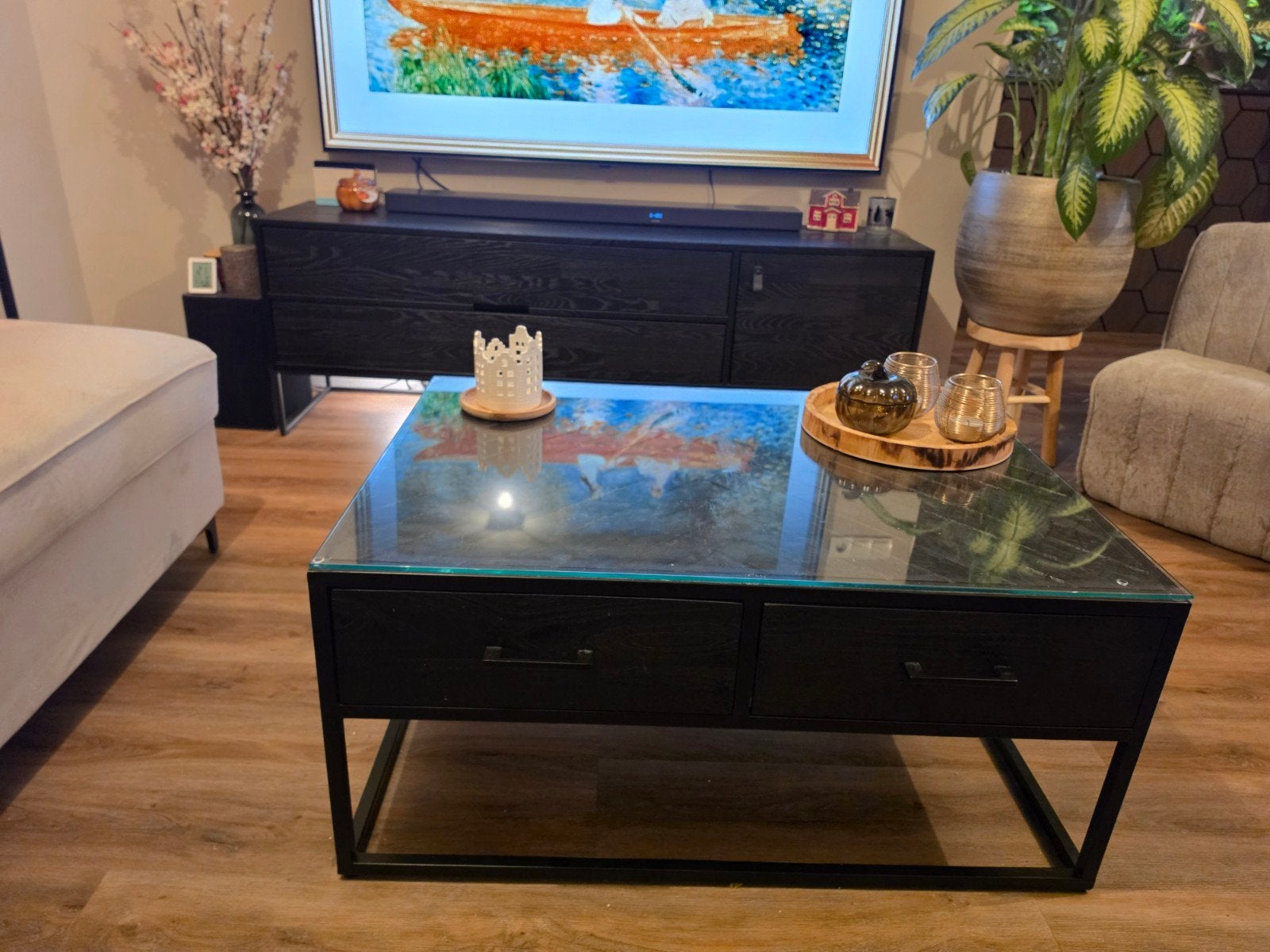Tv-meubel + Salontafel zwart staal, Ophalen, Gebruikt, 150 tot 200 cm, Minder dan 100 cm