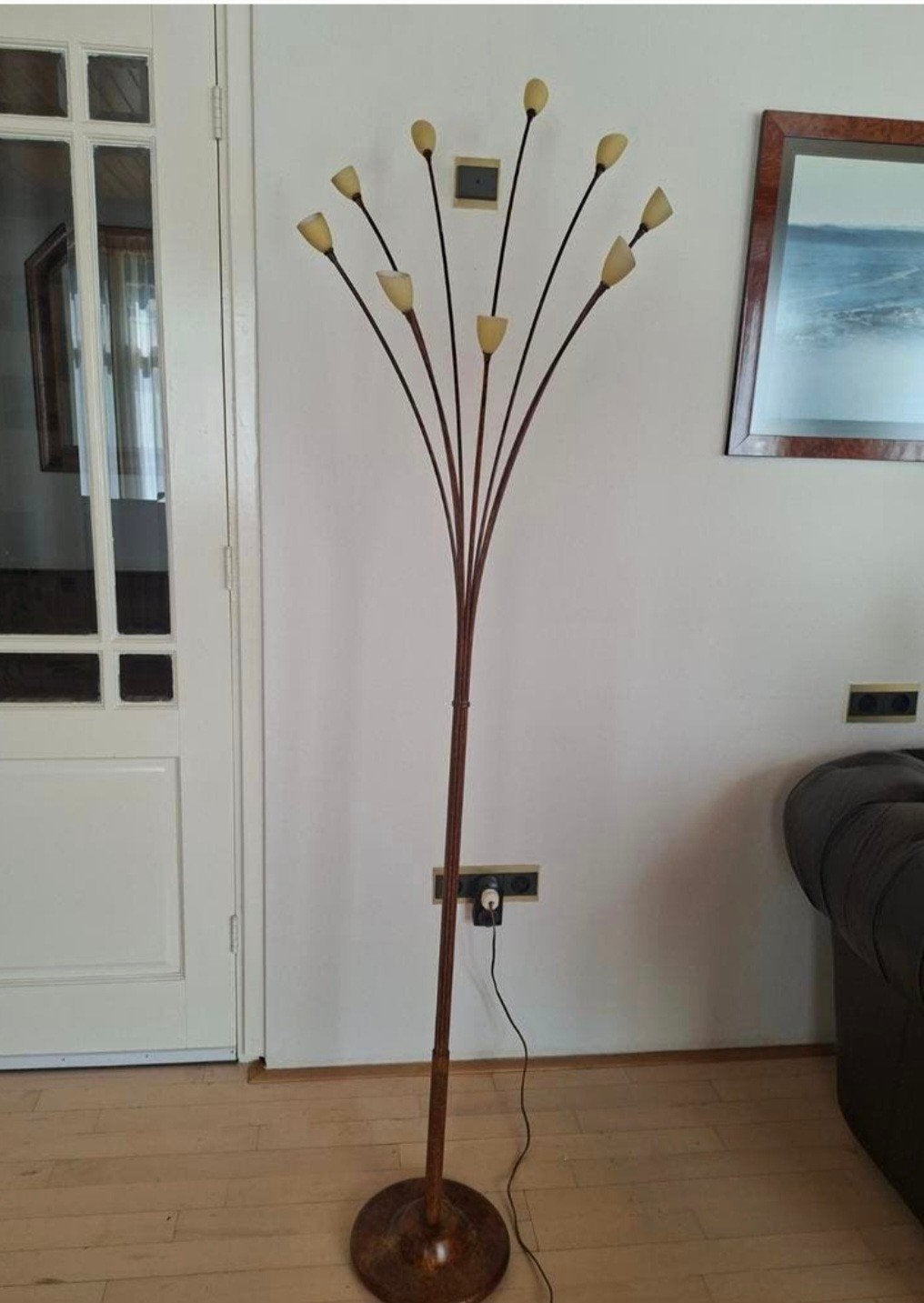 Vintage vloerlamp met 9 kelken, bruin/beige, Ophalen, Gebruikt, Overige fittingen, Glas