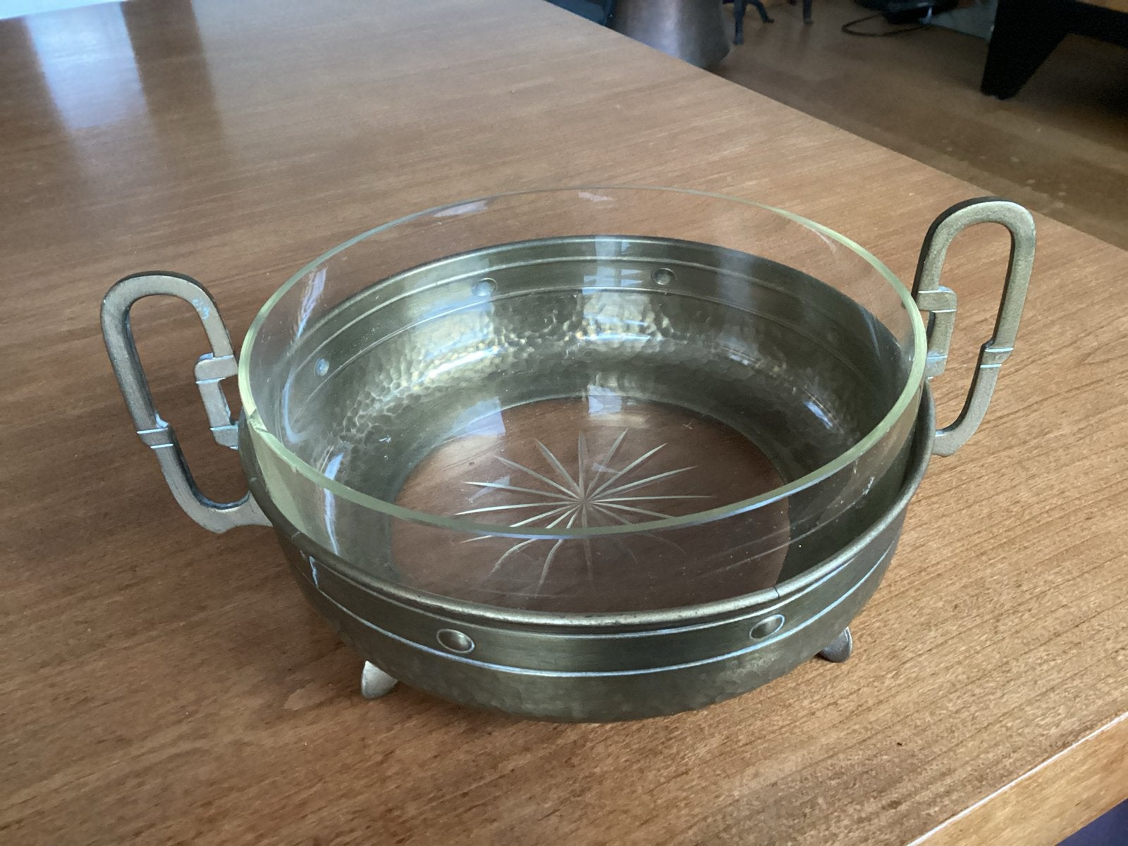 Vintage Art Deco Glazen Schaal in Metalen Houder, Antiek en Kunst, Antiek | Schalen, Ophalen of Verzenden