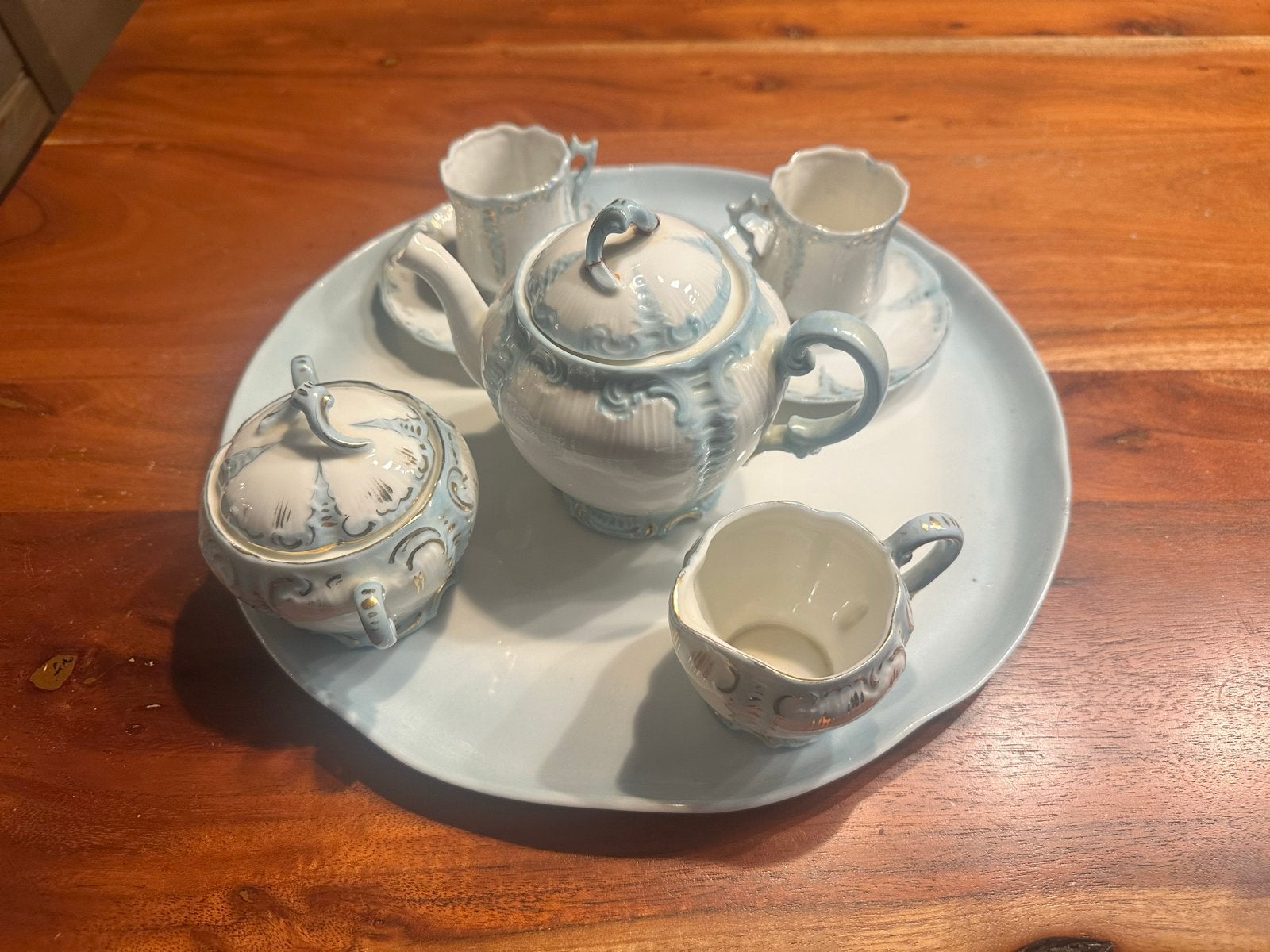 Antiek theeserviesje met blauw-witte decoratie, Ophalen of Verzenden