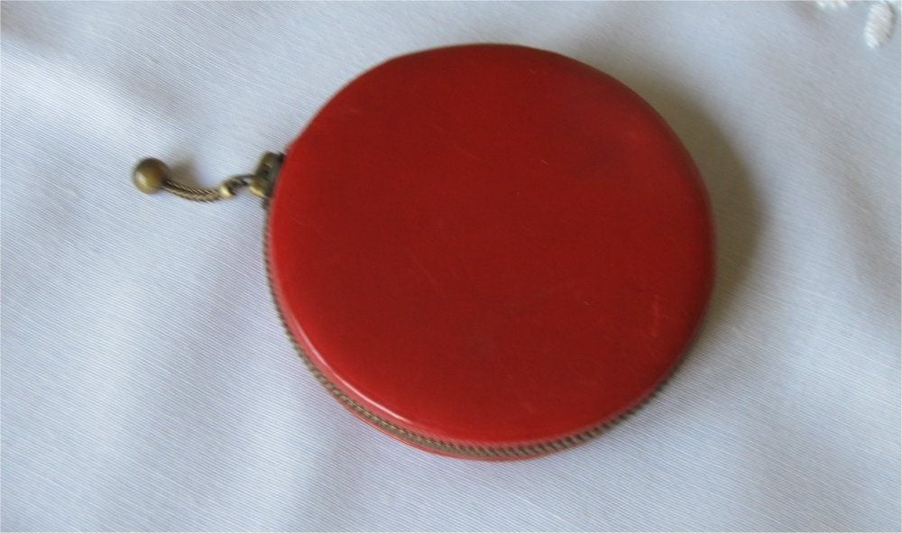 Vintage rood leren poederdoos - sluit met een ritsje, Ophalen of Verzenden