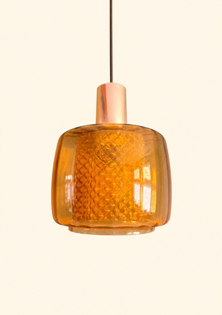 Vintage hanglamp - Scandinavisch | amber | glas - Jaren 60, Huis en Inrichting, -, Ophalen of Verzenden, Vintage design space age mid century retro
