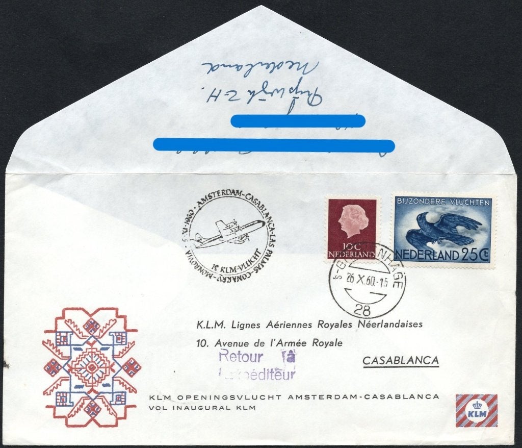 1e KLM vlucht Casablanca Marokko 1960, Postzegels en Munten, Brieven en Enveloppen | Nederland, Verzenden, Envelop