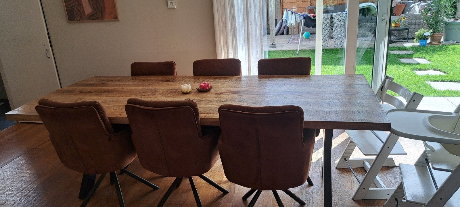 Mango houten eettafel met 6 stoelen, Huis en Inrichting, Tafels | Eettafels, Ophalen, 200 cm of meer, 50 tot 100 cm, Zo goed als nieuw