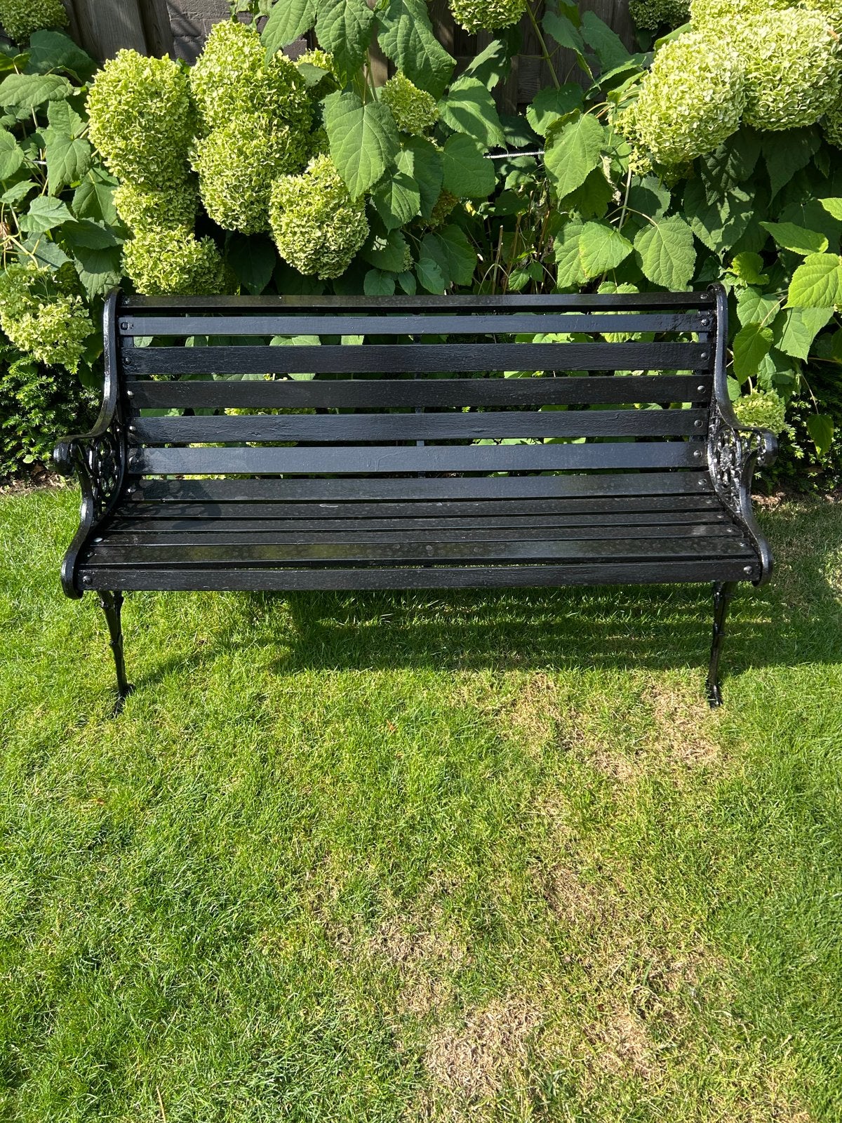 Stevige Zwarte Tuinbank met Leeuwenkopjes, Ophalen, Gebruikt, Hout