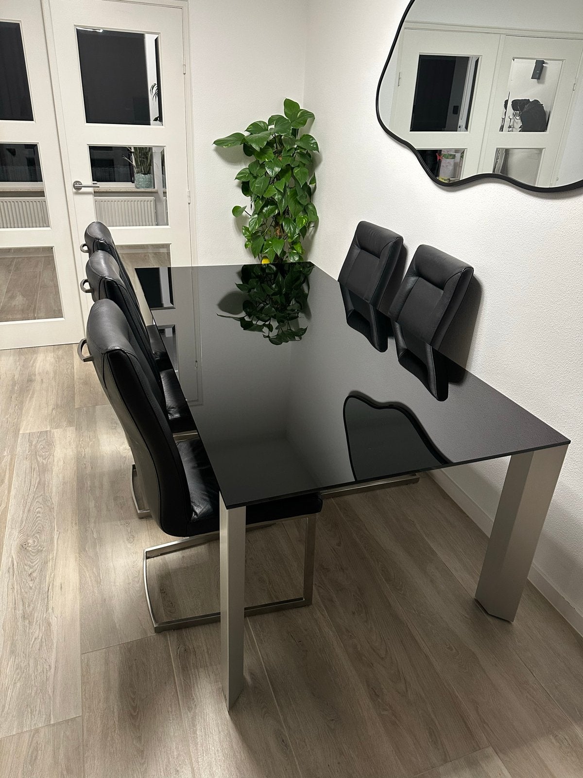 Rolf Benz eettafel met rookglas en 6 leren stoelen, Ophalen, 100 tot 150 cm, 200 cm of meer, Vijf personen of meer