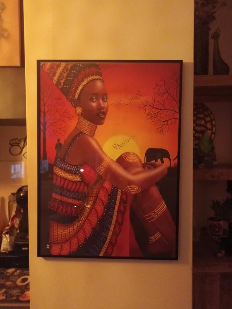 Schilderij Afrikaanse vrouw met zonsondergang, Ophalen of Verzenden