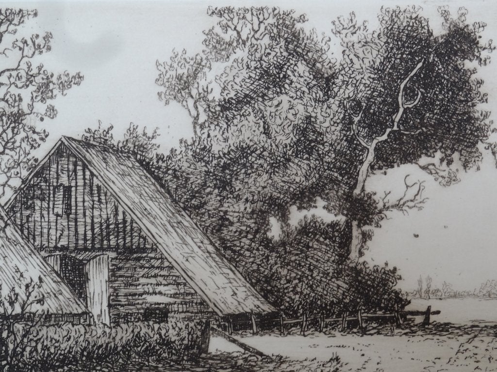 Fraaie ets titel Op t land, CM van der Woerd, 1901-1994, Ets, Ophalen of Verzenden, Origineel, Landschap