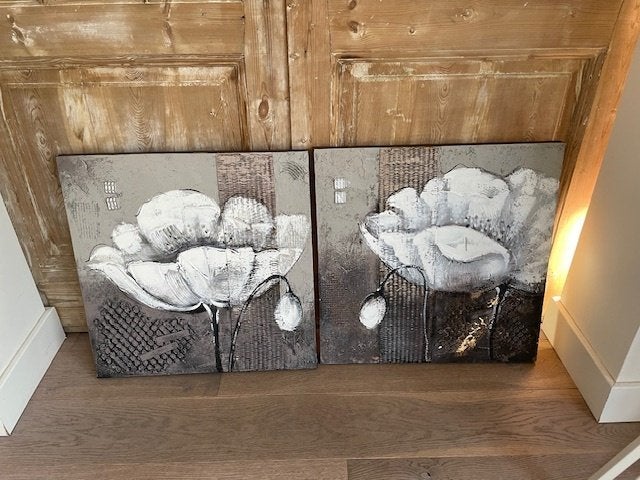 2 x schilderij met witte klaprozen. Mixed media. Grijs wit., Ophalen, Handgeschilderd, Gemengde techniek, Bloemen