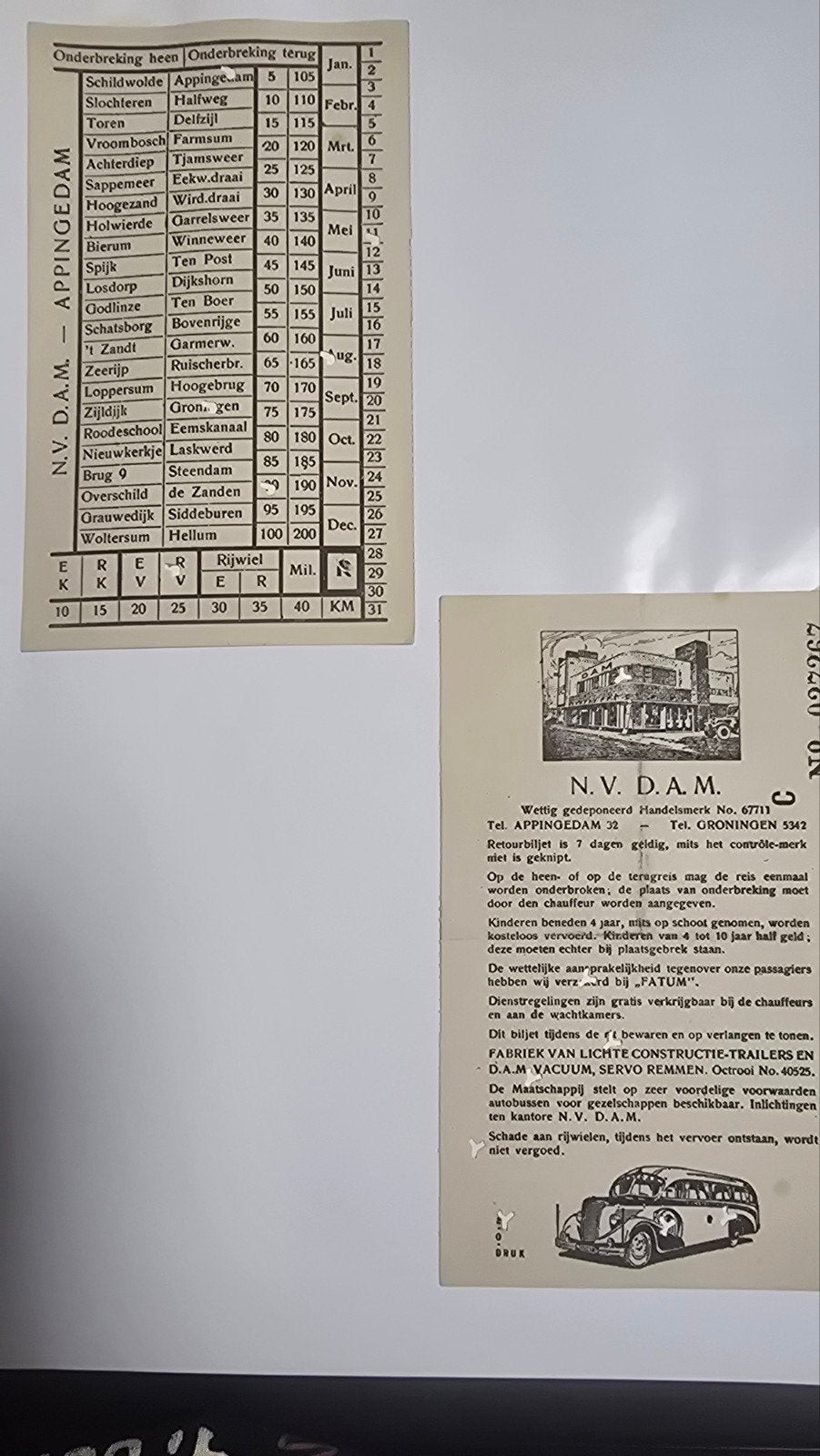 2 Oude kaartjes N.V. D.A.M. Appingedam, Ophalen of Verzenden, Gebruikt, Trein