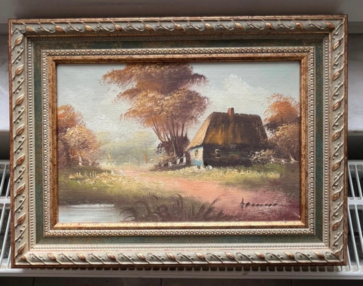 Schilderij met landschap en huisje - Olieverf op doek, Doek, Ophalen of Verzenden, Gesigneerd, Landschap
