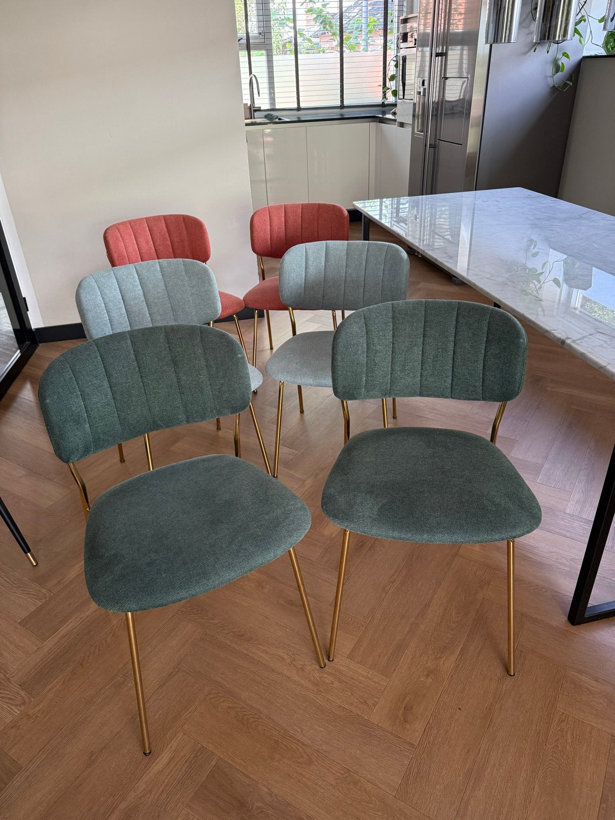 6 eetkamerstoelen Jolien: lichtgroen, donkergroen, roze, Huis en Inrichting, Stoelen, Ophalen, Overige kleuren, Zo goed als nieuw