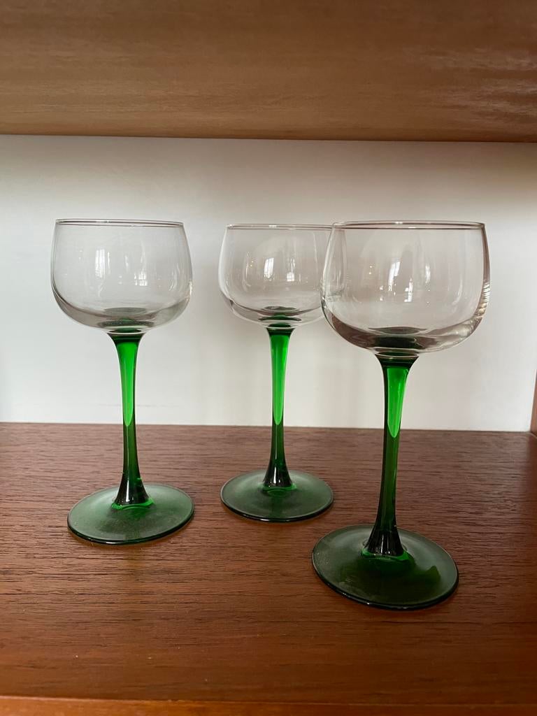 Vintage retro glazen groene voet - 3 stuks, Verzamelen, Glas en Borrelglaasjes, Ophalen, Gebruikt, Overige typen