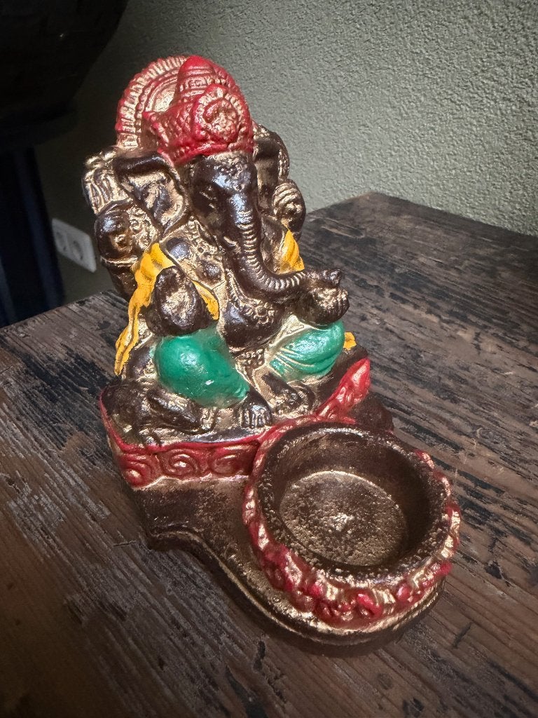 Ganesh wierookbrander en kandelaar in 1 handbeschilderd Bali, Verburgt Vintage, 12 cm, Meerkleurig, Nieuw