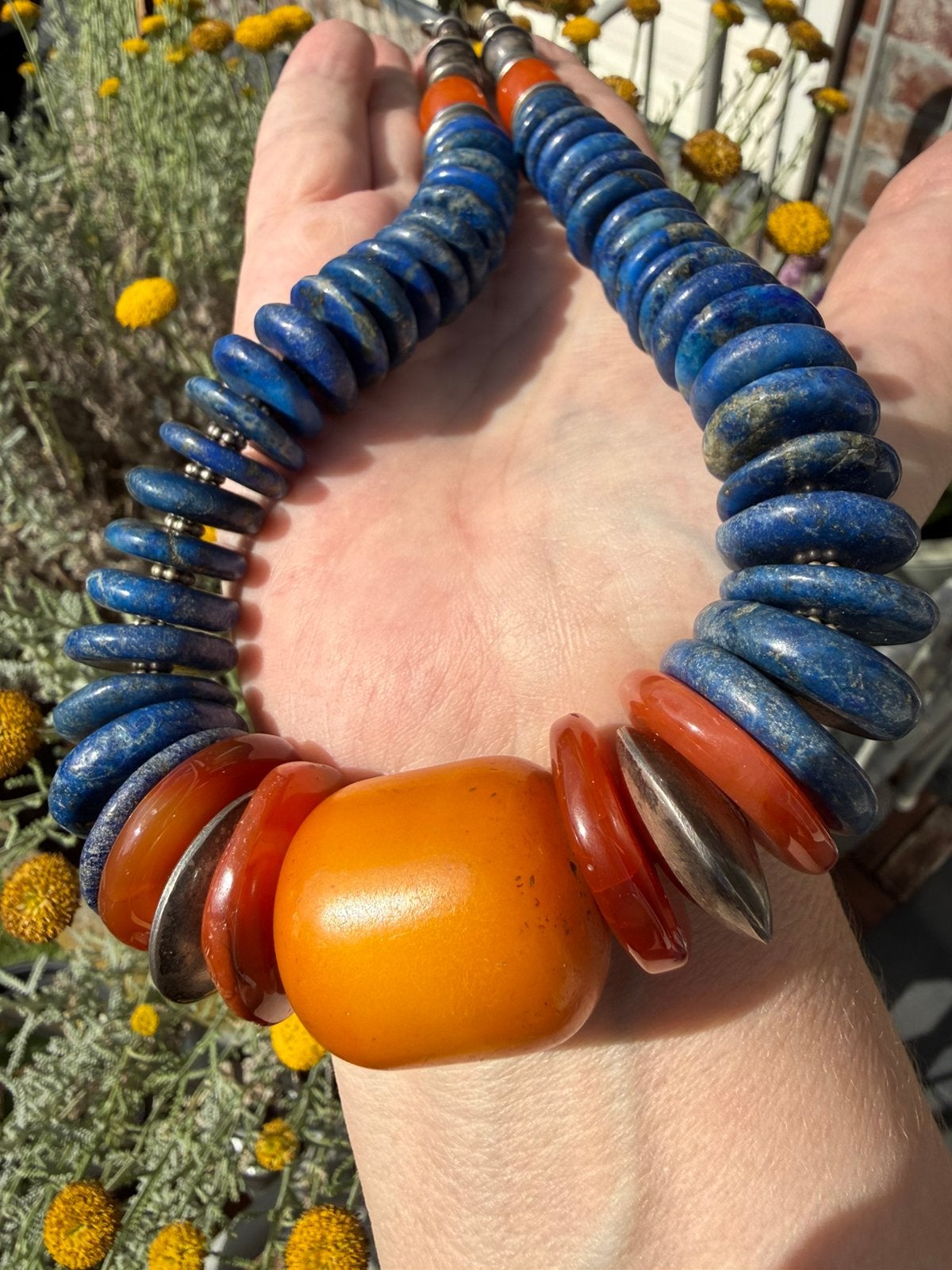 S055/ Grote prachtige Zilveren Lapis/ Bakeliet BOHO ketting, Sieraden, Tassen en Uiterlijk, Kettingen, Gebruikt, X, Zilver, Verzenden