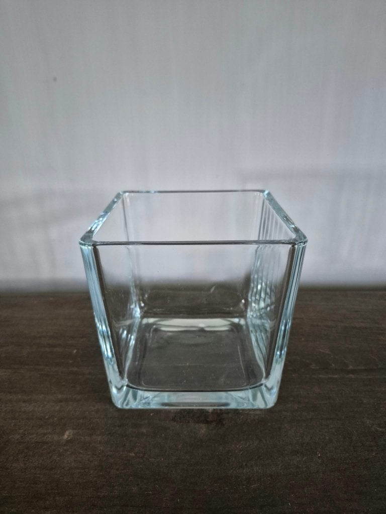 Vierkante glazen vaas / windlicht – 14 x 14 cm – als nieuw, Ophalen, Transparant, 14 cm, Glas