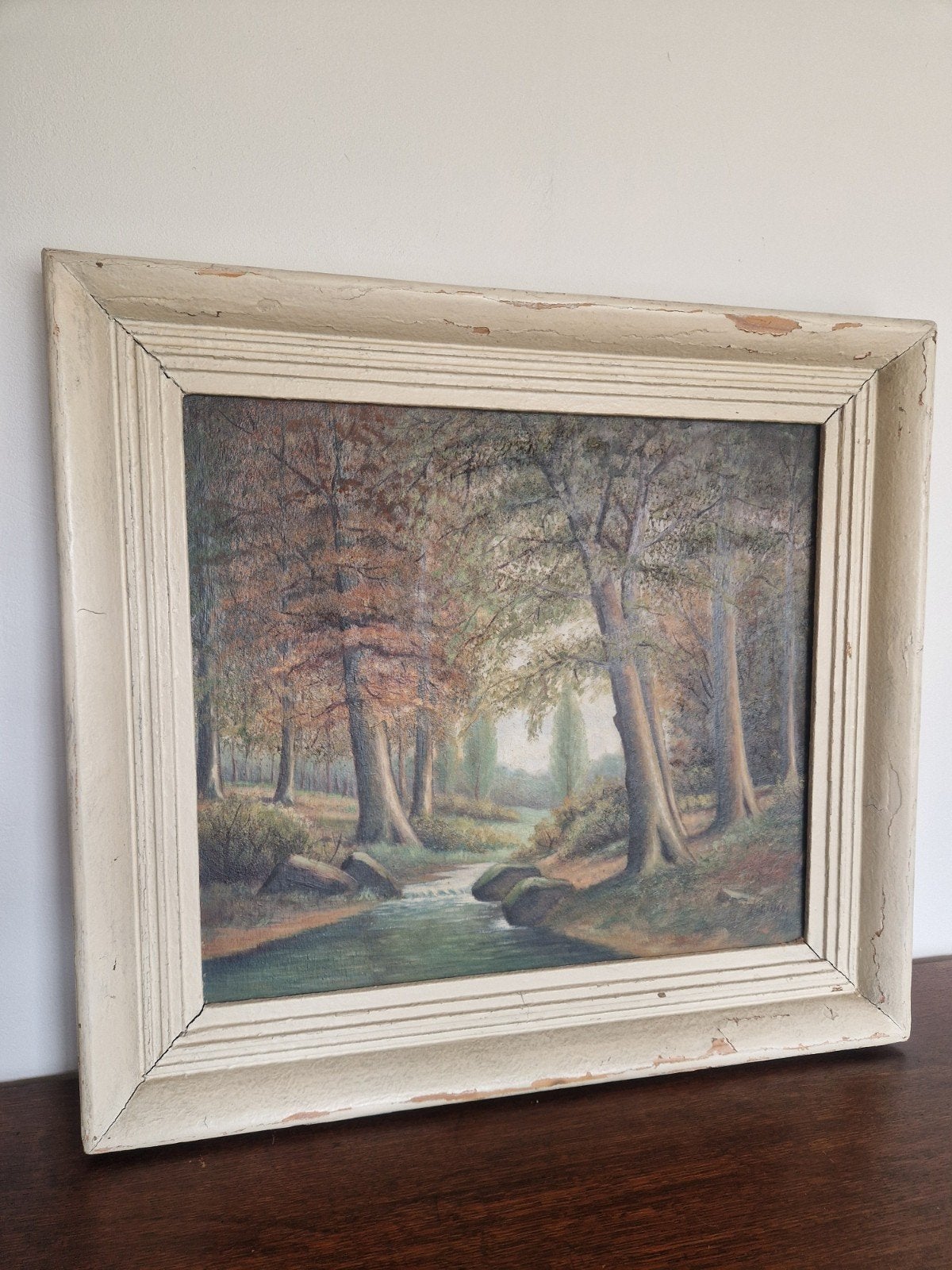 Boslandschap met beekje - Handgeschilderd schilderij, Ophalen, Klassiek, Gesigneerd, Landschap