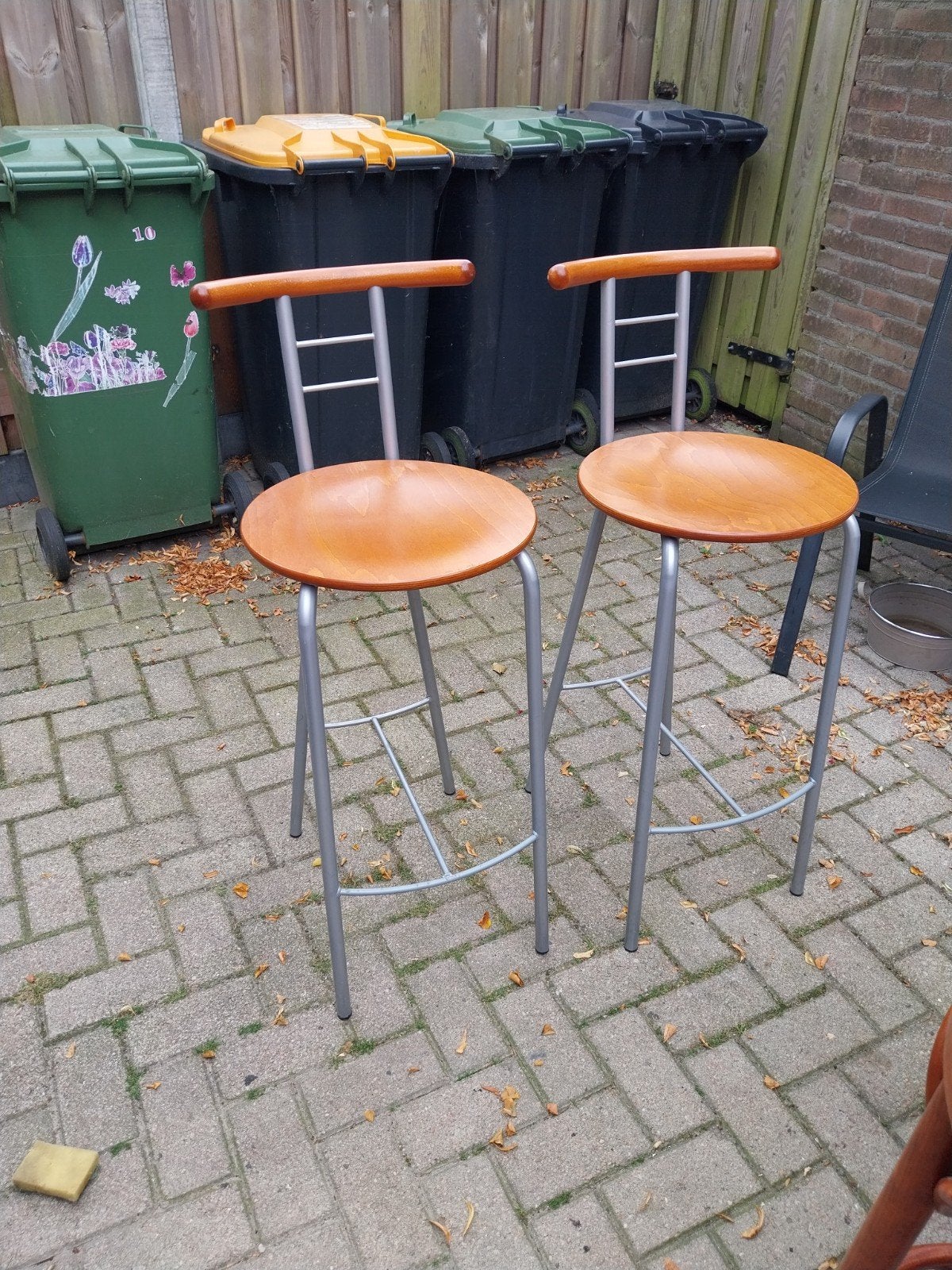 barkrukken met houten zitting en rugleuning, Gebruikt, 60 tot 90 cm, Ophalen of Verzenden, Hout