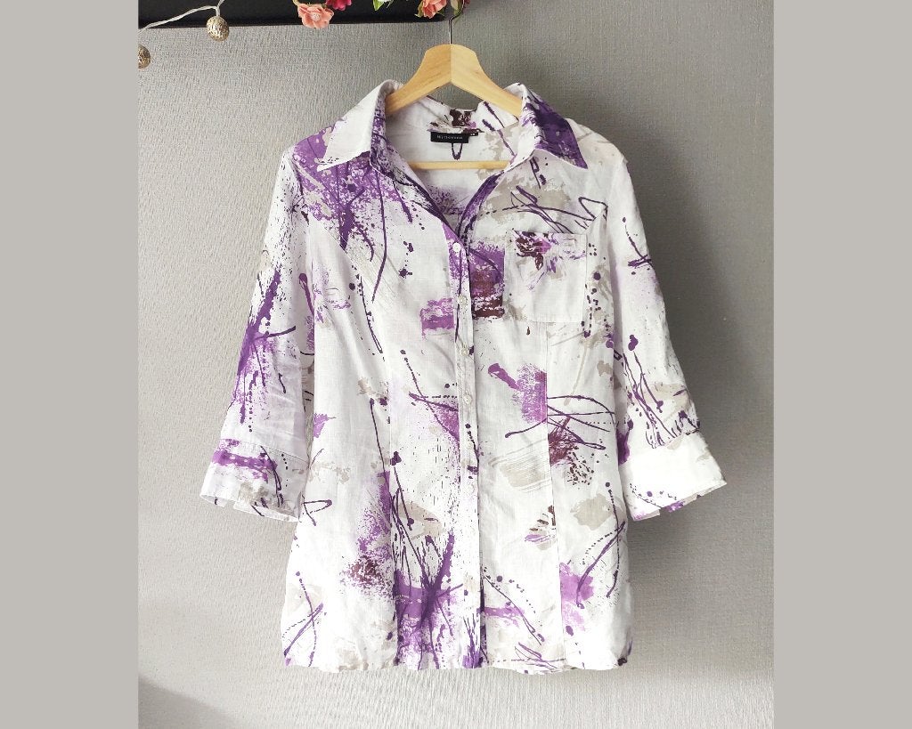 Lange linnen blouse getailleerd van Witteveen, mt 38 - zgan, Kleding | Dames, Maat 38/40 (M), Meerkleurig, Ophalen of Verzenden