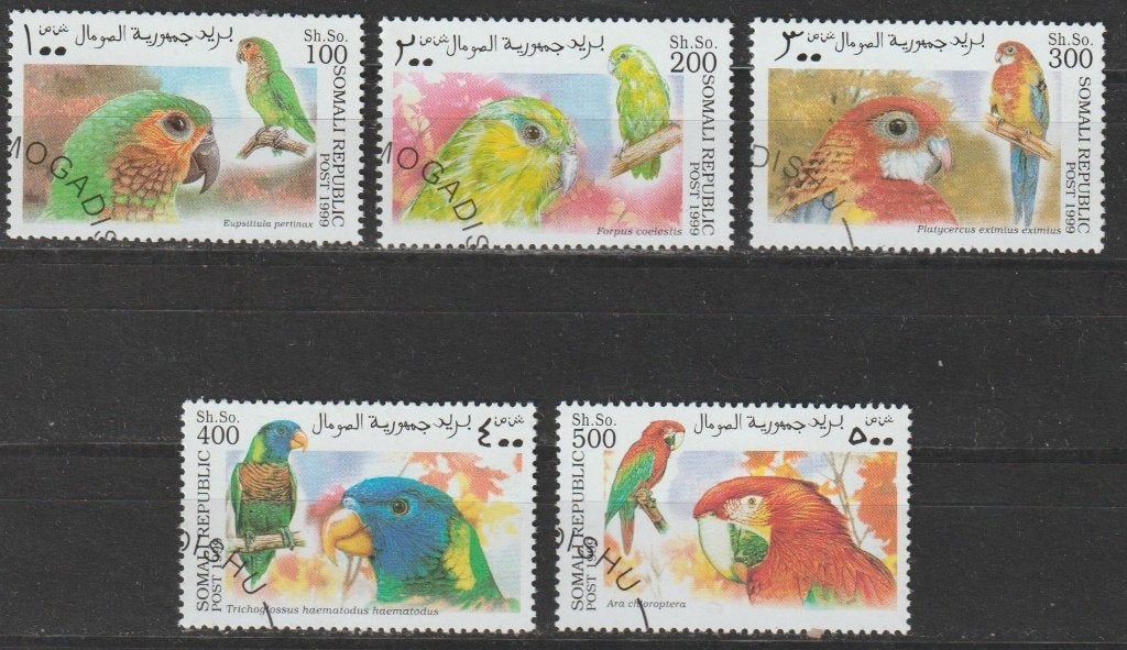 4907. Somalie 5 zegels gest. Papegaaien, Postzegels en Munten, Ophalen of Verzenden, Overige landen, Gestempeld