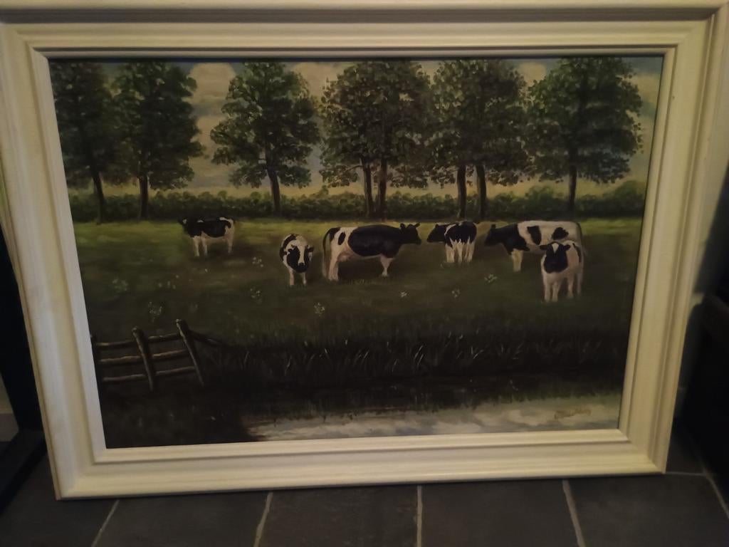 Schilderij Hollands Landschap met Koeien in off white Lijst, Ophalen