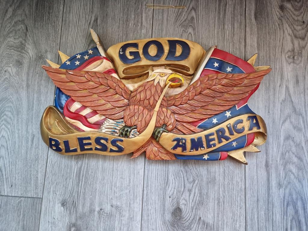God bless America  ( Houtsnijwerk)  USA, Ophalen of Verzenden, Gebruikt, Reclamebord